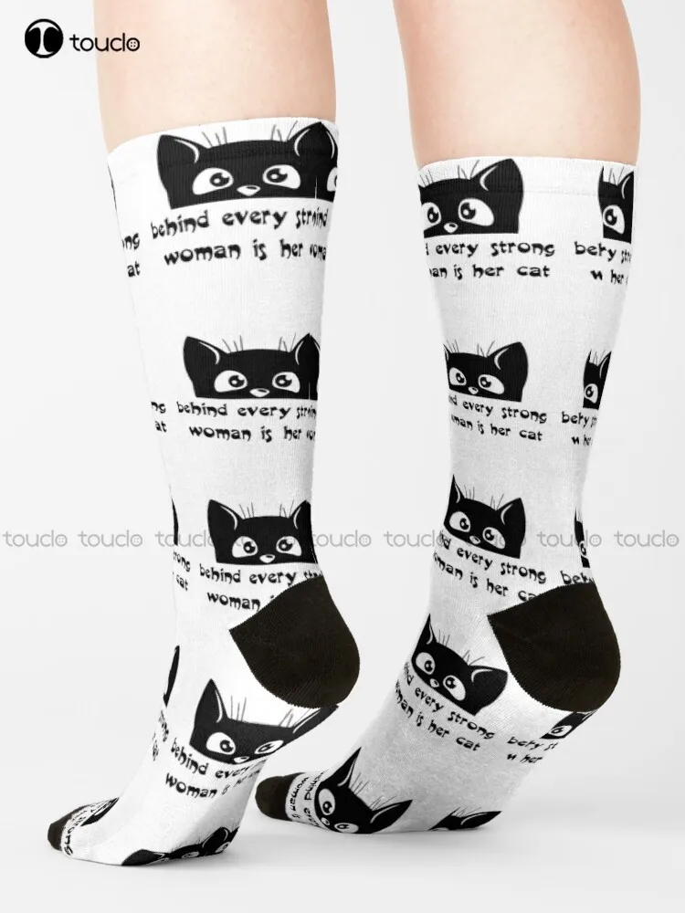 

Behind Every Strong Woman Is Her Cat Socks Usa Socks Cartoon Comfortable Best Girls Sports 360° Digital Print Custom Gift Retro