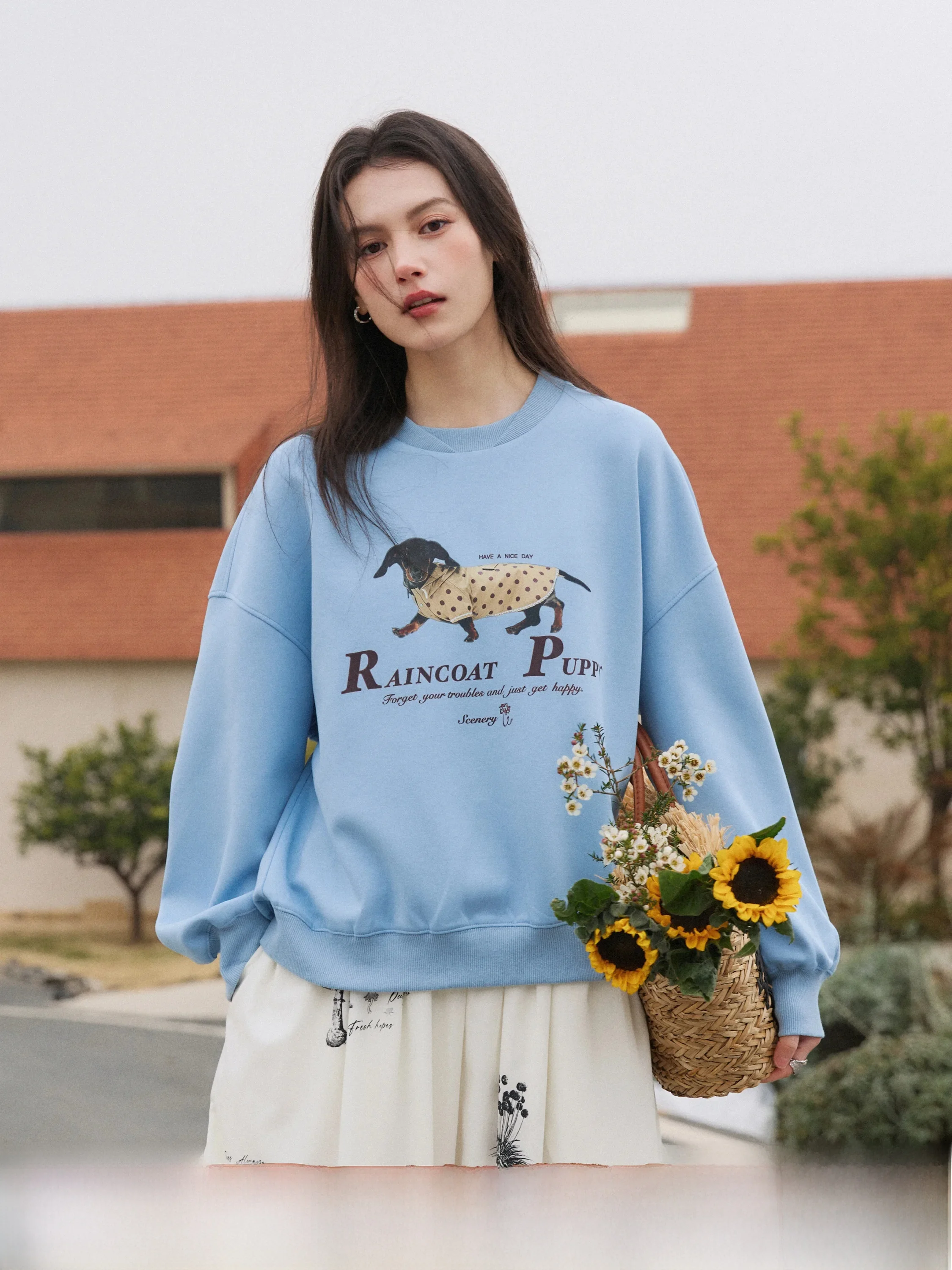 

Artistic Polka Dot Puppy Print Loose ort Sweatirt Women's Vintage Sle round Ne Long Sve Casual Polyester Blend