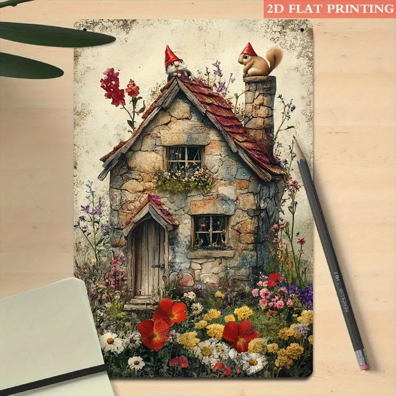 Vintage Gnome Squirrel Metallschild aus Eisen, 20,3 x 30,5 cm, Retro-Wanddekoration, Blechschild für Garten, Terrasse