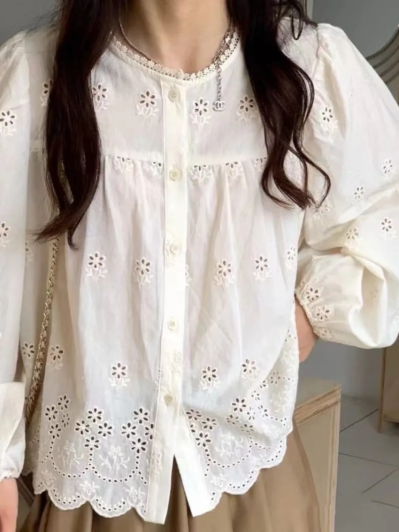 Elegant round Neck Long Sleeve Lace Shirt Women's Fashion Spring New Unique Top French Style Loose Fit Button Splice Hollow out