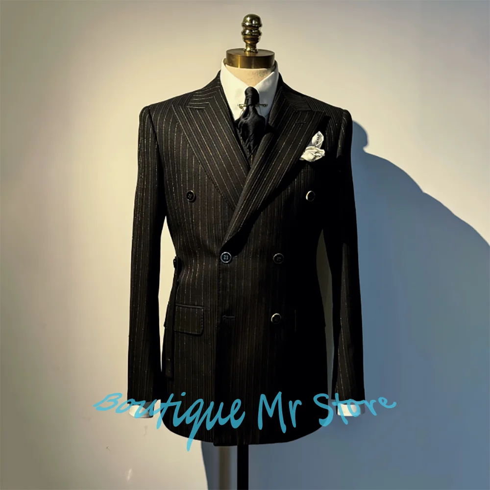 

Men's Black Pinstripe Double-Breasted Suit Classic Formal Business 3-Piece Blazer Set Timeless Striped Tailored Wedding Attire