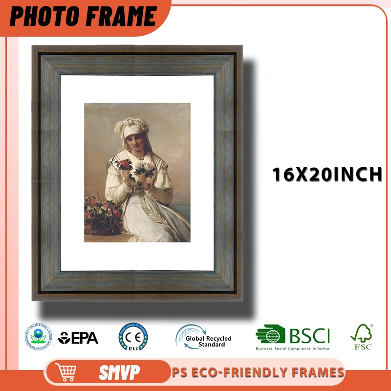 

16x20 Antique Blue Vintage Photo Frame with Distressed Finish Perfect for Classic Portrait Displays in Living Room Picture Frame