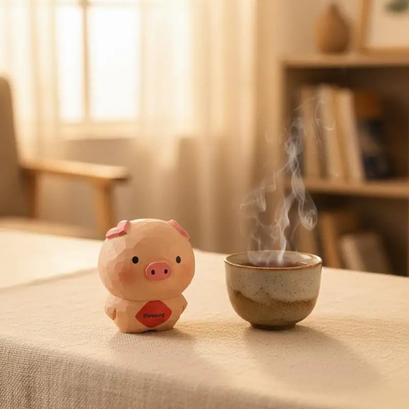 Non Toxic Paint Handmade Wooden Pig Figurine Fu Character Statue Cute Animal Ornament for Kids Bedroom Home Decor