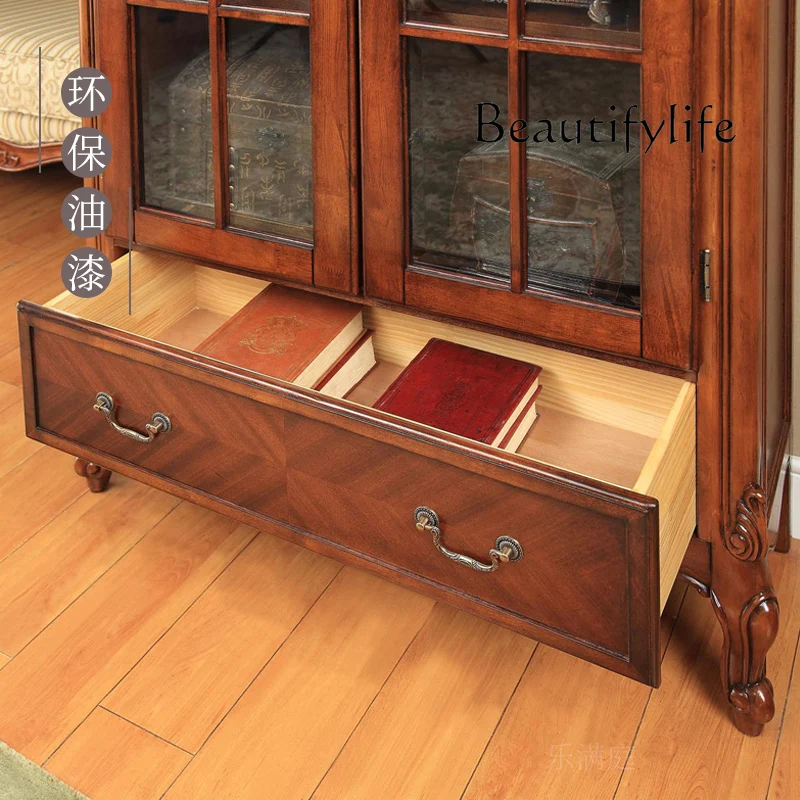 Solid wood bookcase American double door bookcase, European small apartment study floor locker 1 meter