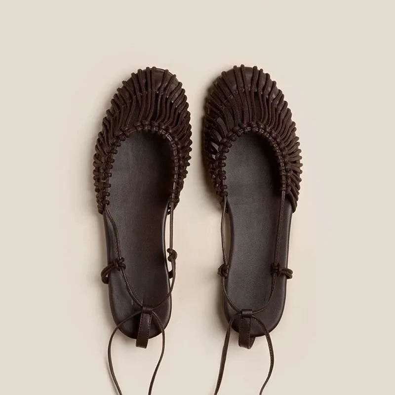 Sheepskin Leather Flats Sandals Niche Hand-woven Retro Round Head Women's Shoes Summer Flat Bottom Ankle Straps Roman Sandalias