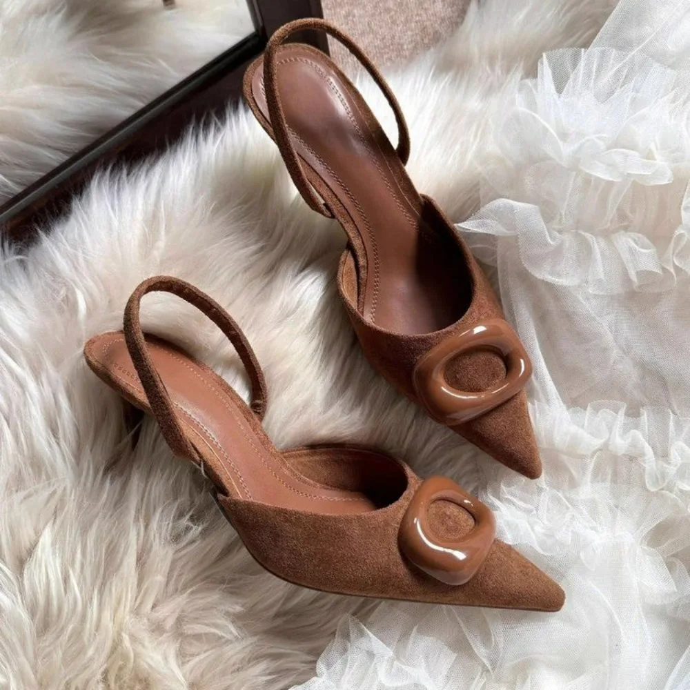 

Coffee Faux Suede High-heel Sandal Women Fashion Pointy Toe Square Buckle Thin Heel Pumps Elegant Commuter Office Shoe Sandalias