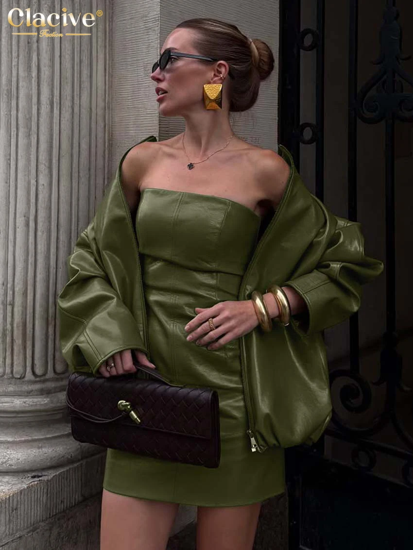 

Clacive модные свободные зеленые женские пальто из искусственной кожи 2025 зимняя куртка с лацканами и длинными рукавами элегантная классическая однотонная верхняя женская одежда