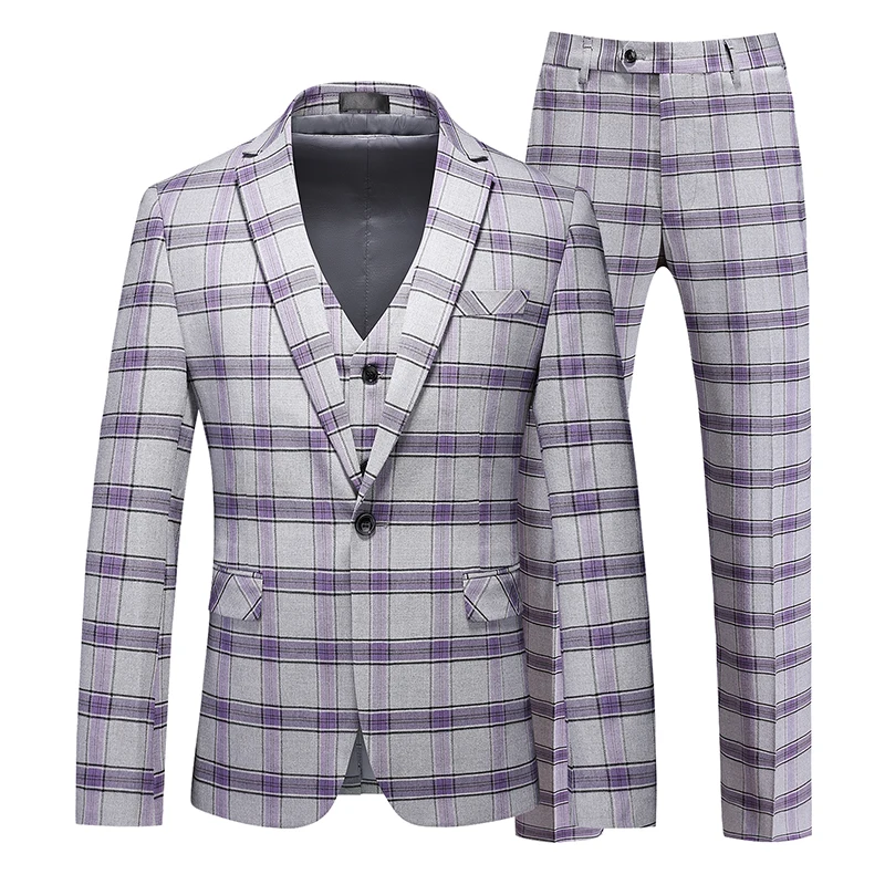 Red Striped Plaid Suit 3-piece Men\'s Wedding Party Dress Jacket and Pants Vest Fashion Slim Men Blazer Coat Trousers Waistcoat