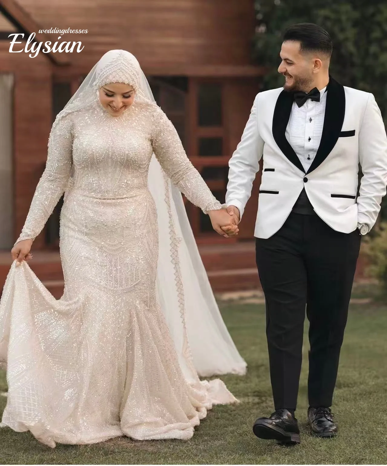 Robe de soirée arabe personnalisée, col haut, manches longues, paillettes, grande taille, style sirène, robes de bal de mariage