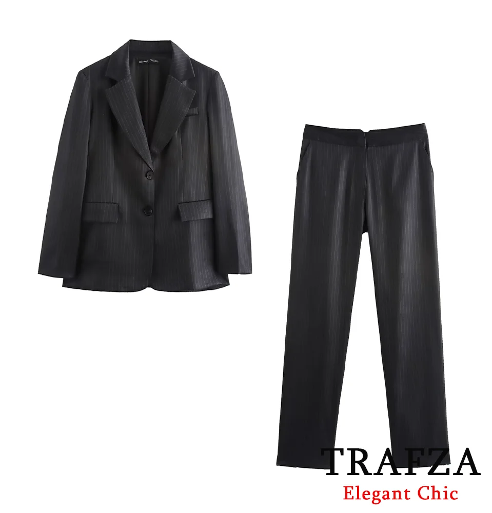 Trafza feminino elegante blazer listrado terno lapela botões de corte reto blazer + calça 2 peça conjunto nova primavera outono moda blazer conjunto