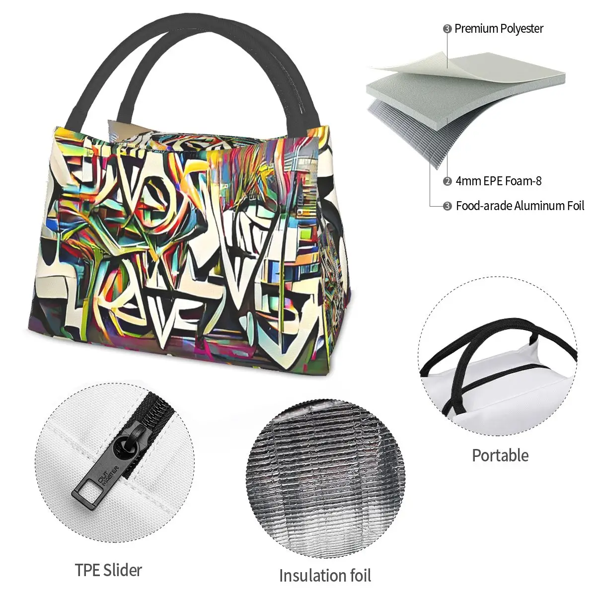 Urban Street Graffiti Art Lunch Bags, isolado Bento Box, sacola de piquenique impermeável, refrigerador, bolsa térmica para mulheres e estudantes