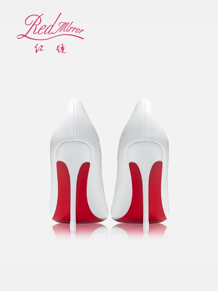 Red soled heart-shaped rhinestone shallow mouth pointed white high heels, feminine temperament, slim heels, wedding single shoes