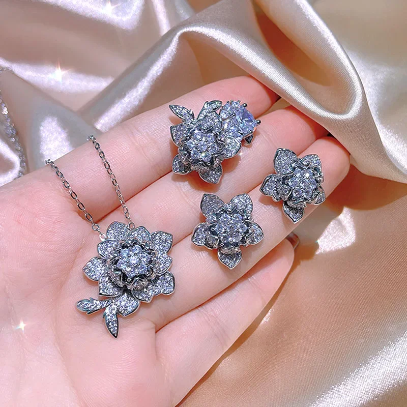 

Роскошные свадебные комплекты ювелирных изделий, женский комплект ожерелья с цветком, кольцо, серьги, ожерелье из 3 предметов, 3A, циркон, стерлинговое серебро 925 пробы, свадебные украшения