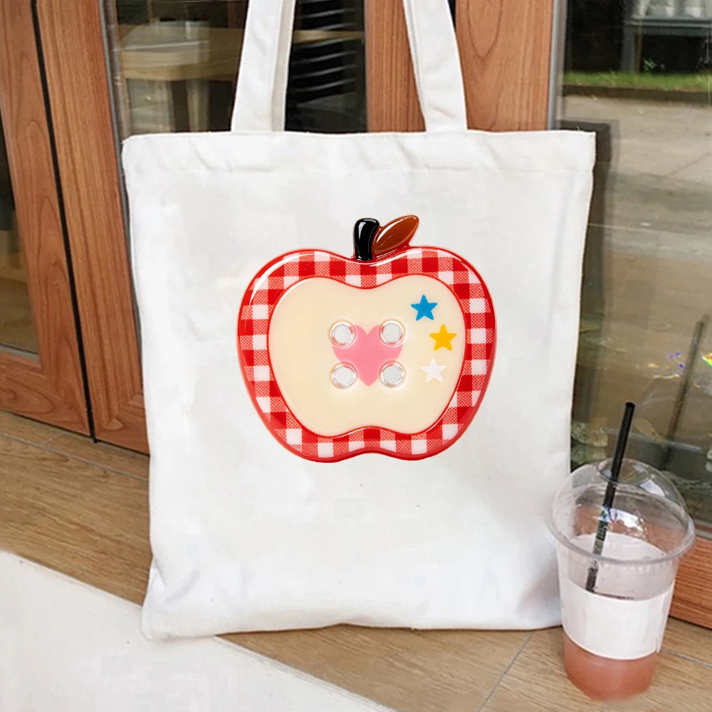 Gingham Apple Button Canvas Tote Bag Retro Style Shoulder Bag