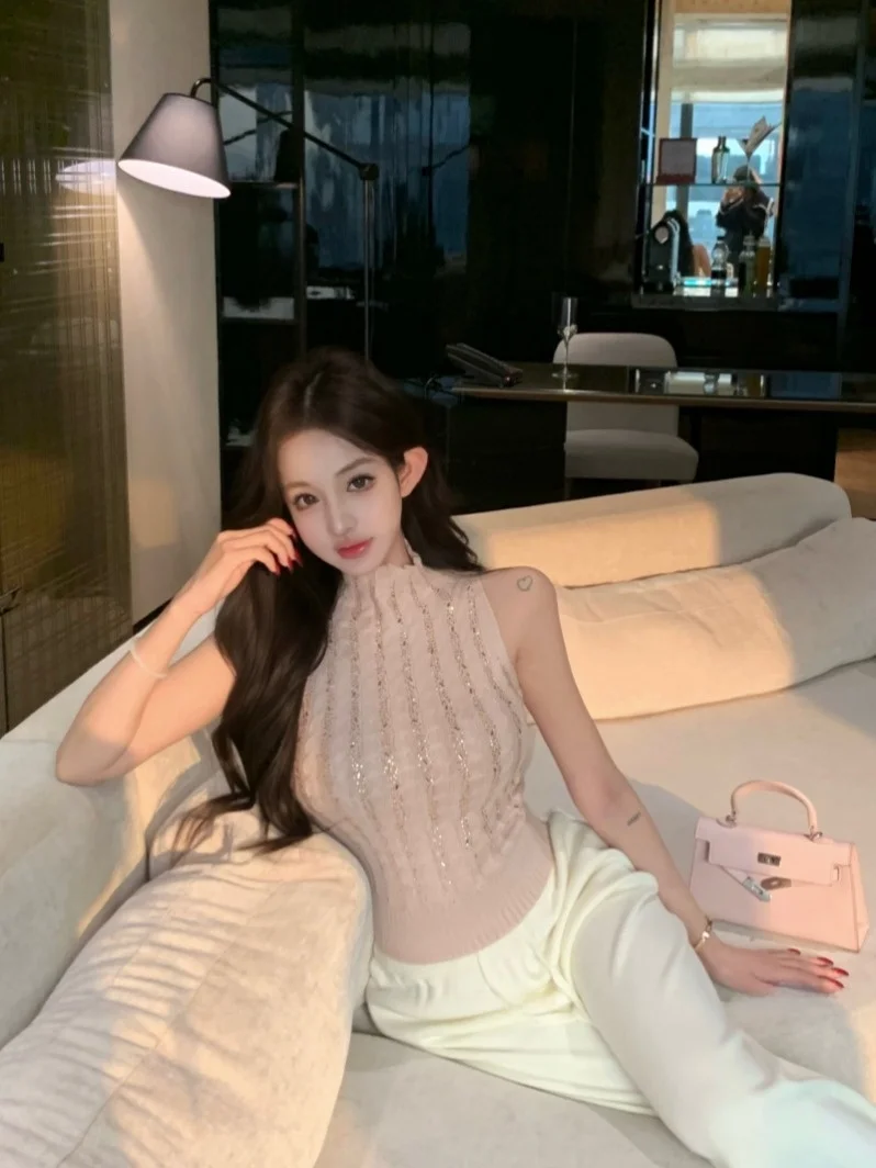 

Pink Rhinestone Half High Collar Sleeveless Knitted Vest Women's Summer Slimming Waist Cinched Inner Wear Sexy Slim Fit Base Top