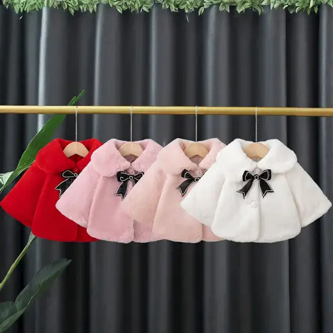아기 소녀 플러시 코트 한국 스타일 리본 단색 긴 소매 라펠 숄 소녀 겨울 일상 보온 의류