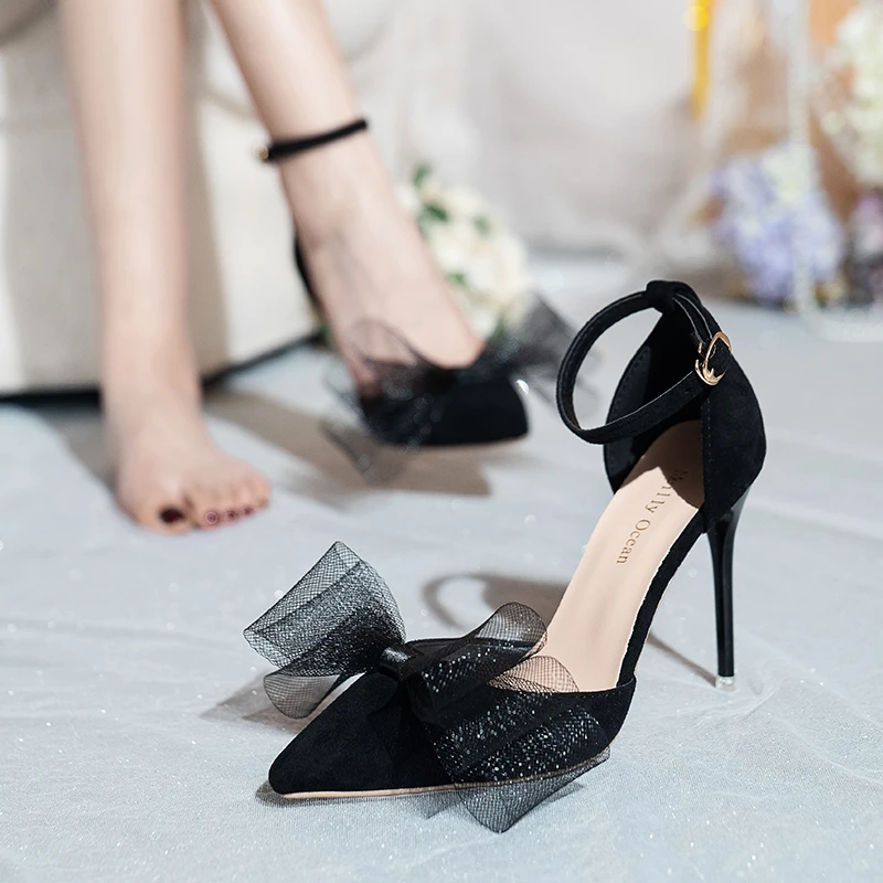 Tulle Bow Heels Designer Stiletto High Heels Women Pumps 2022 Wedding Shoes Bride Ladies Party Prom Shoes Big Size 44 45