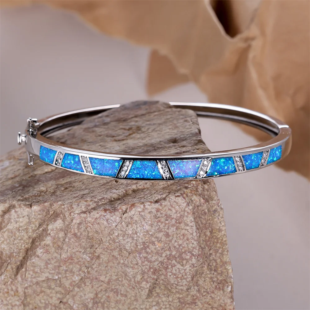 Blue Opal Stone White Zircon Bangle Bracelets For Women Vintage Silver Color Wedding Jewelry Couples Engagement Accessory Gifts