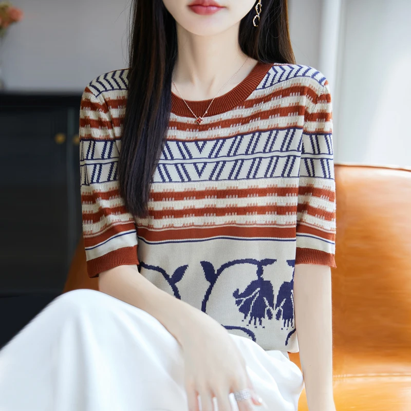 

Summer New Women's Clothes Lyocell Tencel Jacquard Round Neck Short Sleeve Striped Knitted T-shirt Women's Fashion Retro Top