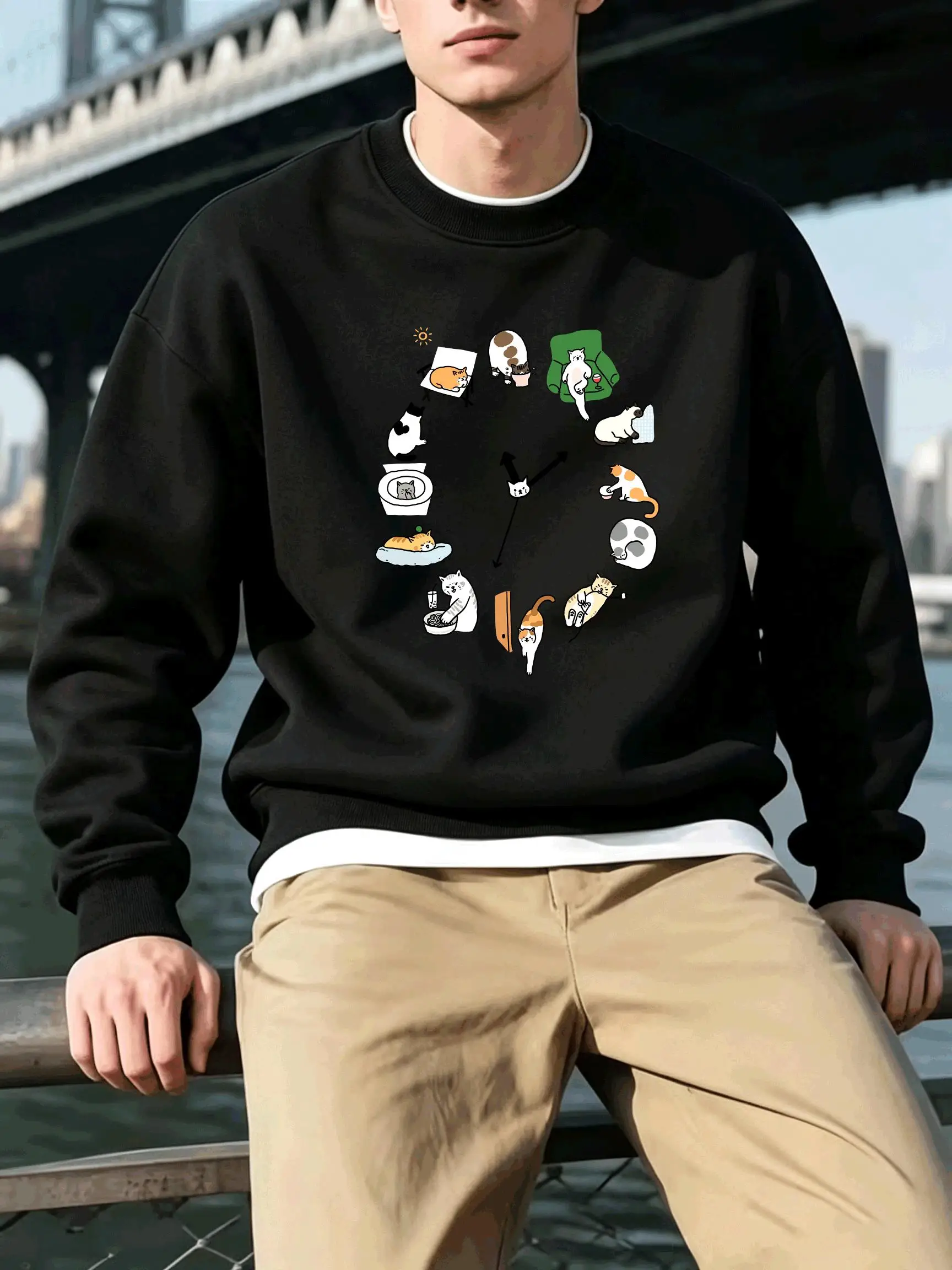 Cute Cat Alarm Clock Printed Men'S Pullover Autumn Loose Sweatshirt Casual Fleece Clothes Activity O-Neck Male Sportswear