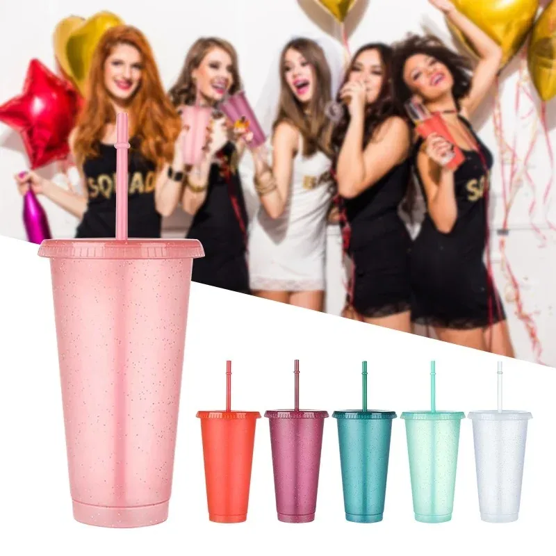 Summer Party Glitter Cups Girl Cold Drink Cups Reusable Hard Plastic Cups with Lids and Straws For Wedding/Holiday Parties view 5