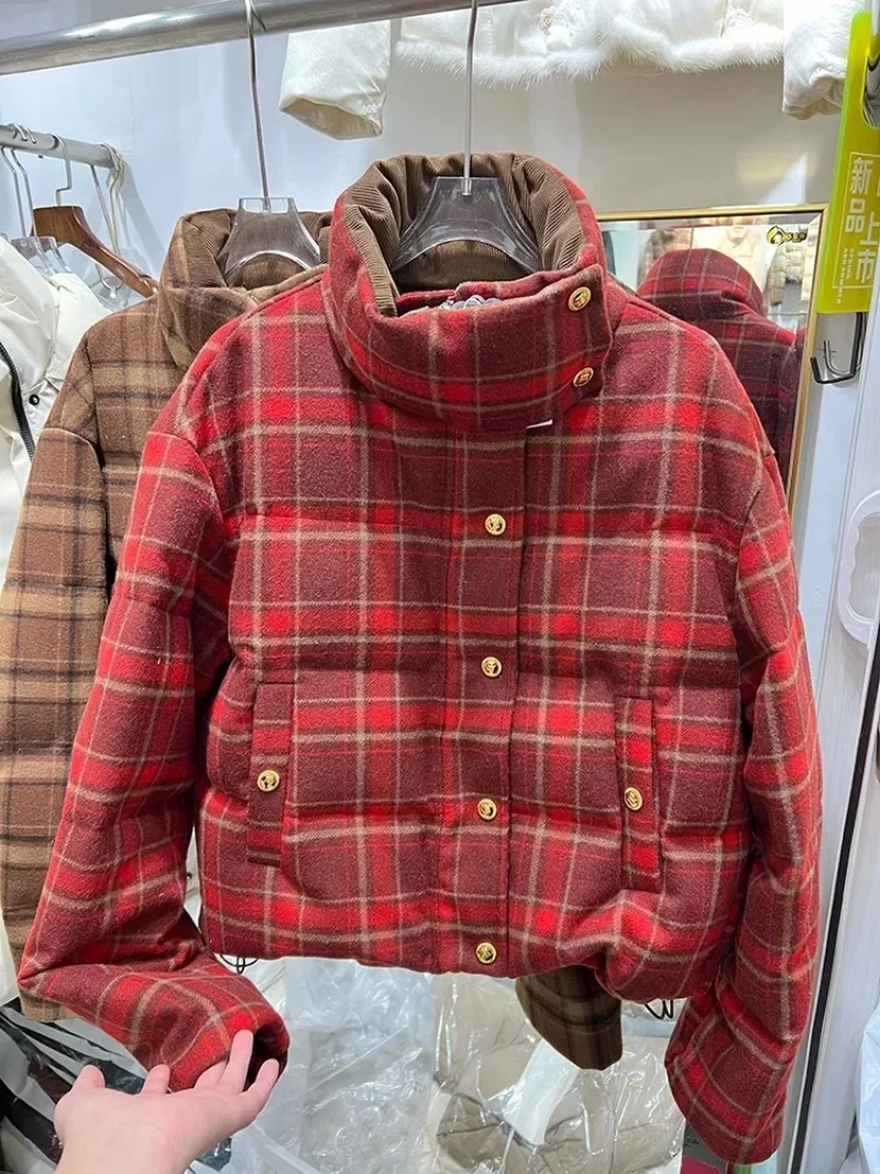 European Autumn and Winter Retro Christmas Red Plaid Short Korean Stand-up Collar White Duck Down Bread Down Jacket For Women