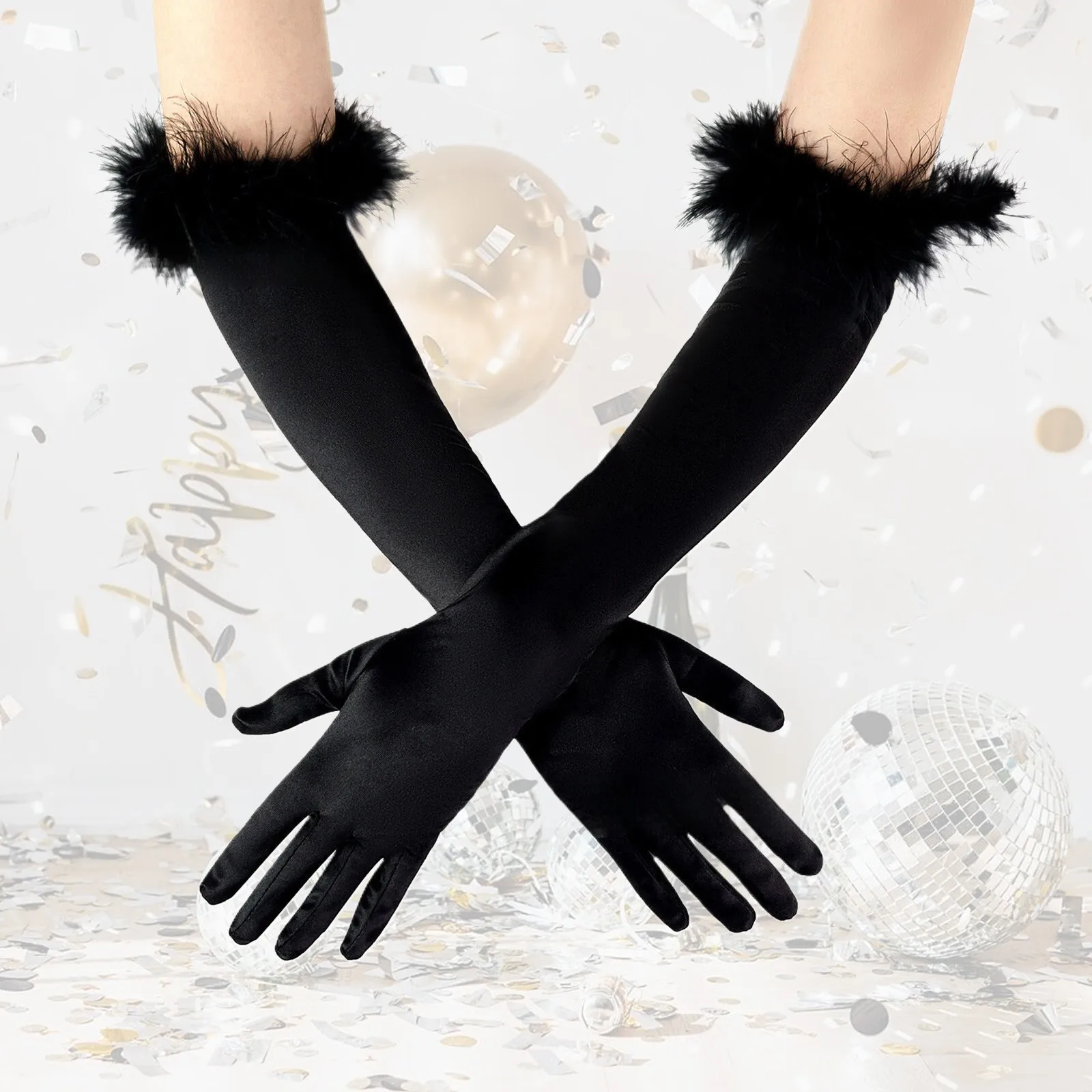 Fashion Cuff Feather Satin Elastic Long Full Finger Wedding Dress Gloves Halloween Makeup Party 1920s Opera Stage Women's Mitten