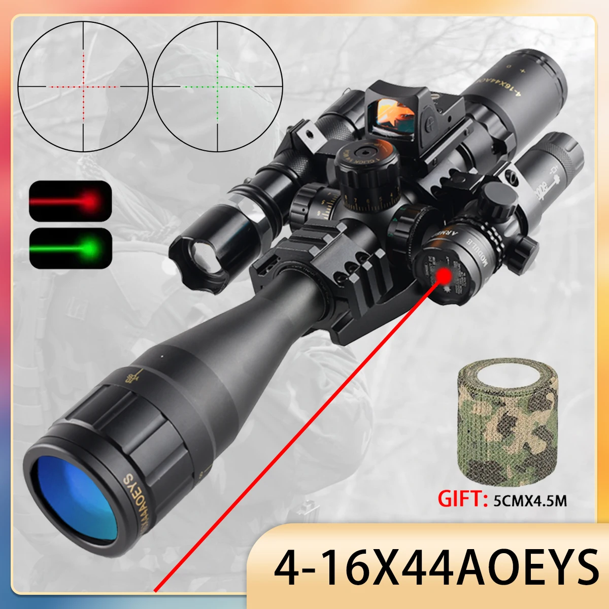 

Tactical 4-16x44AOEYS Hunting Scopes Red/green Laser Dot Flashlight Combo RifleScope Outdoor Shooting Airsoft Sight Sniper Scope