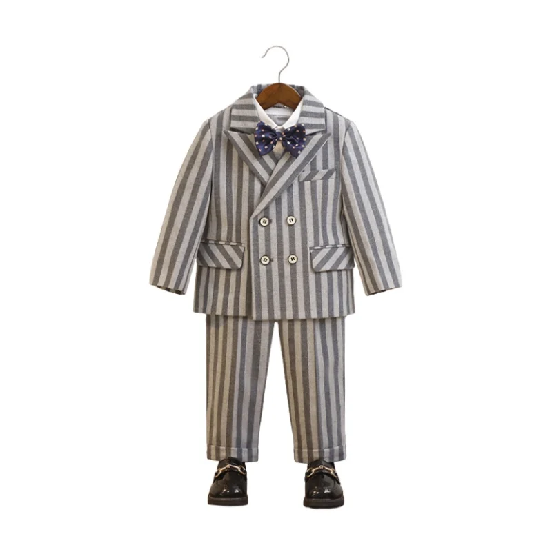 Boys Striped Suit Set Kids Formal Wedding Birthday Party Dress Children's Piano Host Speech Performance Costume