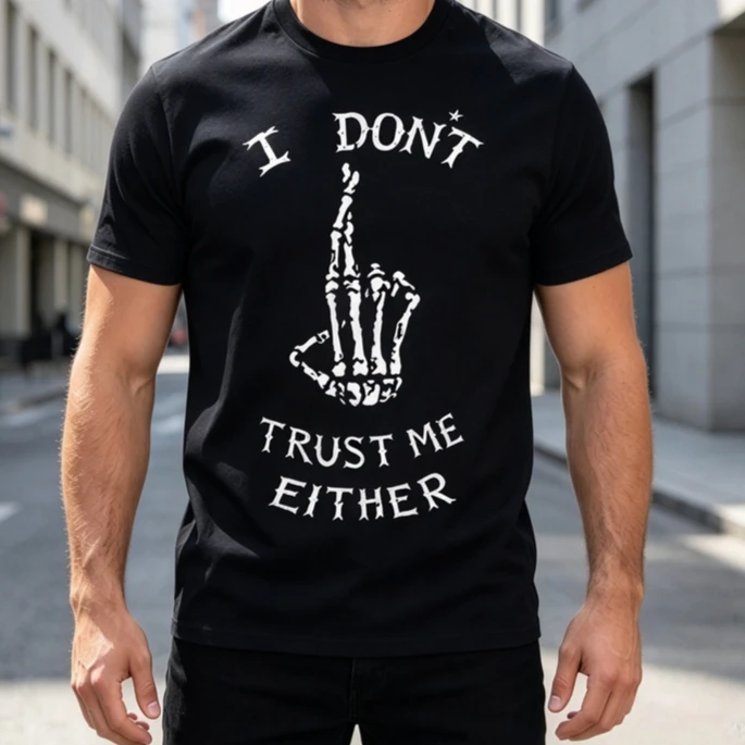 Vintage Skeleton Hand I Don't Trust Me Either Tshirt Men Gothic Punk Casual Streetwear Short Sleeve Tee Cotton Unisex Y2k Top