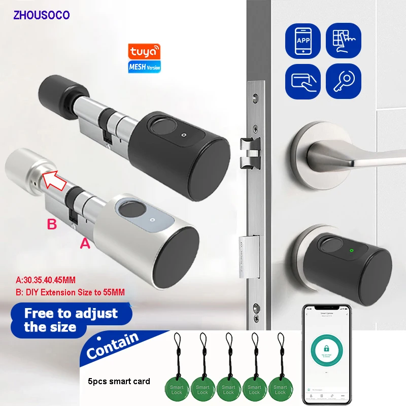 

Tuya APP Fingerprint WIFI RFID Card Bluetooth Euro Cylinder Lock Biometric Electronic Smart Door Lock Keyless Entry for Home