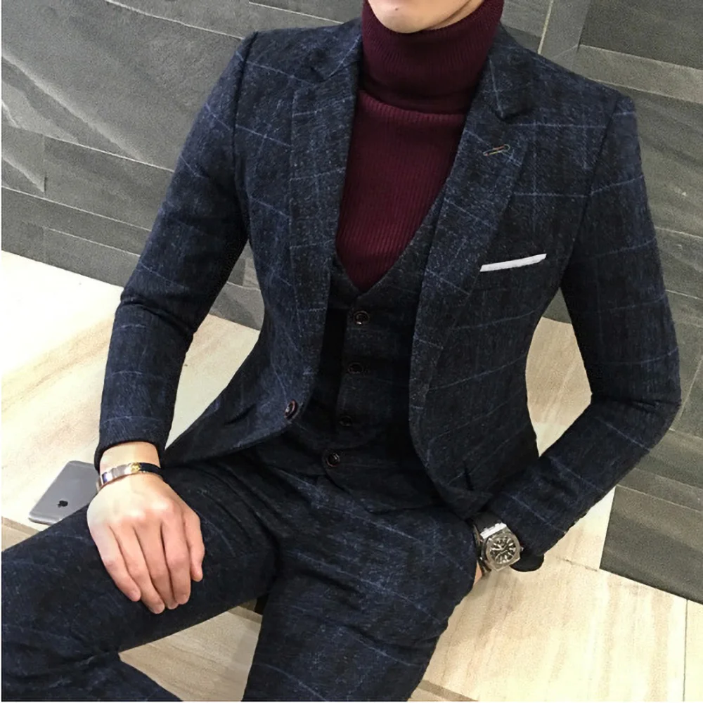 

3 Pieces 2023 Suits Men British New Style Designs Royal Blue Male Suit Autumn Winter Thick Slim Fit Plaid Wedding Dress Tuxedos