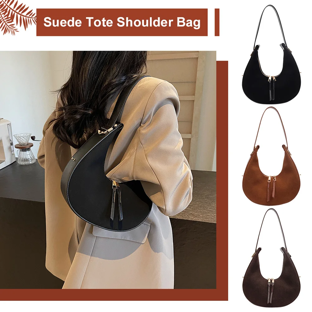 Dames Faux Suede Schoudertas Stijlvolle Halve Maan Tas Grote Capaciteit Kleine Tote Bag Ritssluiting Verstelbare Riem voor Herfst Winter