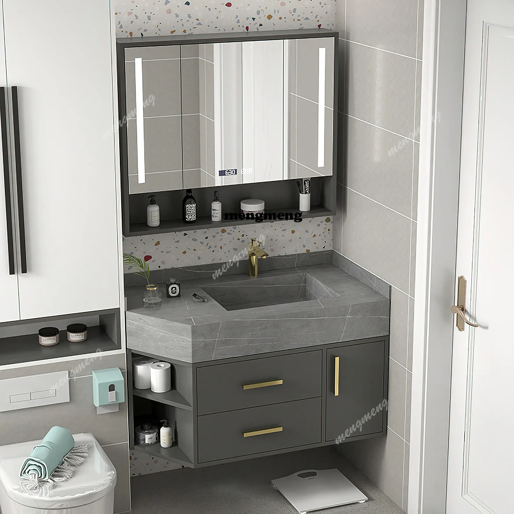 

Bathroom smart bathroom cabinet oblique corner cutting light luxury simple wind cream wind combination wash basin