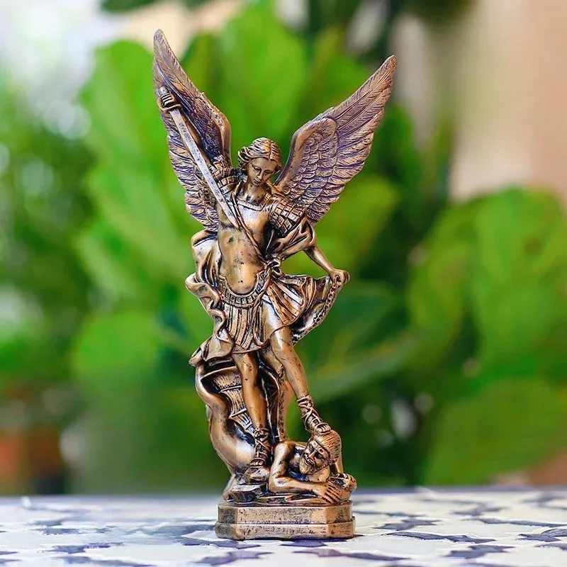 Christian San Miguel Arcangel Statue Retro Bronzed Saint Michael Angel Resin Figurine Home Blessing Decoration Desktop Ornaments