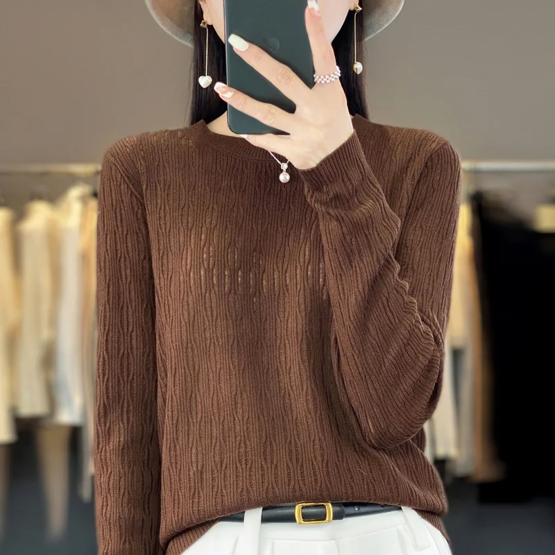 Women\'s Pullover 2023 Spring and Autumn New 100% Wool Hollow Out Casual Knitted Women\'s Top Loose O-neck Collar Korean Sweater