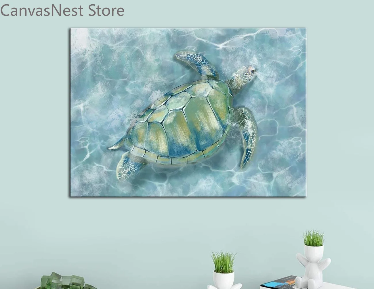 Sea Turtle Canvas Wall Art, Watercolor Ocean Turtle Underwater Wave Poster Print