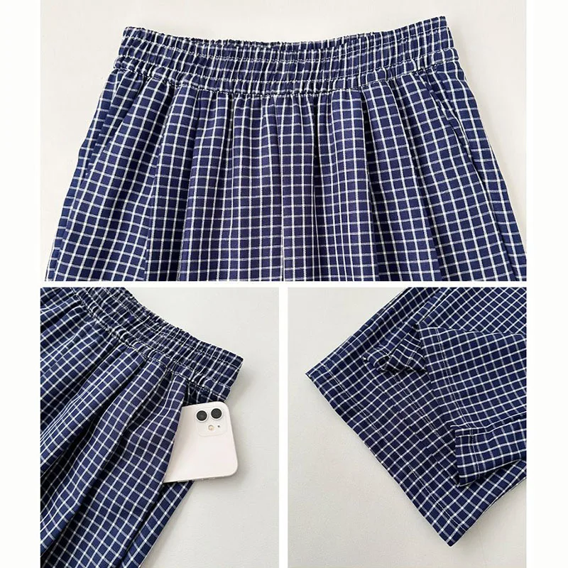 2025 Lente Meisjes Mode Marineblauwe Geruite Broek Vrouwelijke Koreaanse Retro Hoge Taille Broek Lady Chic Designer Rechte Pijpen Broek