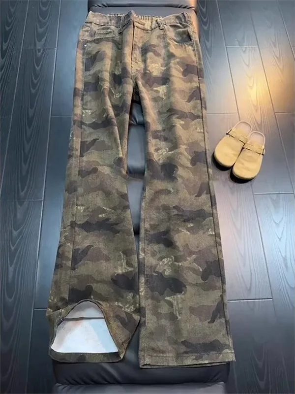 

American High Street Camouflage Jeans Men's Design Sense Knife Straight Leg Trendy Haome Slimming Long Pants