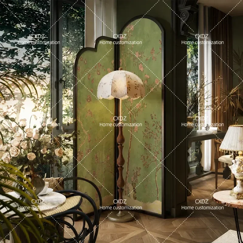 French Style Folding Screen Partition for Living Room Entryway Sofa Background Wall Movable Room Divider with Medieval Flower