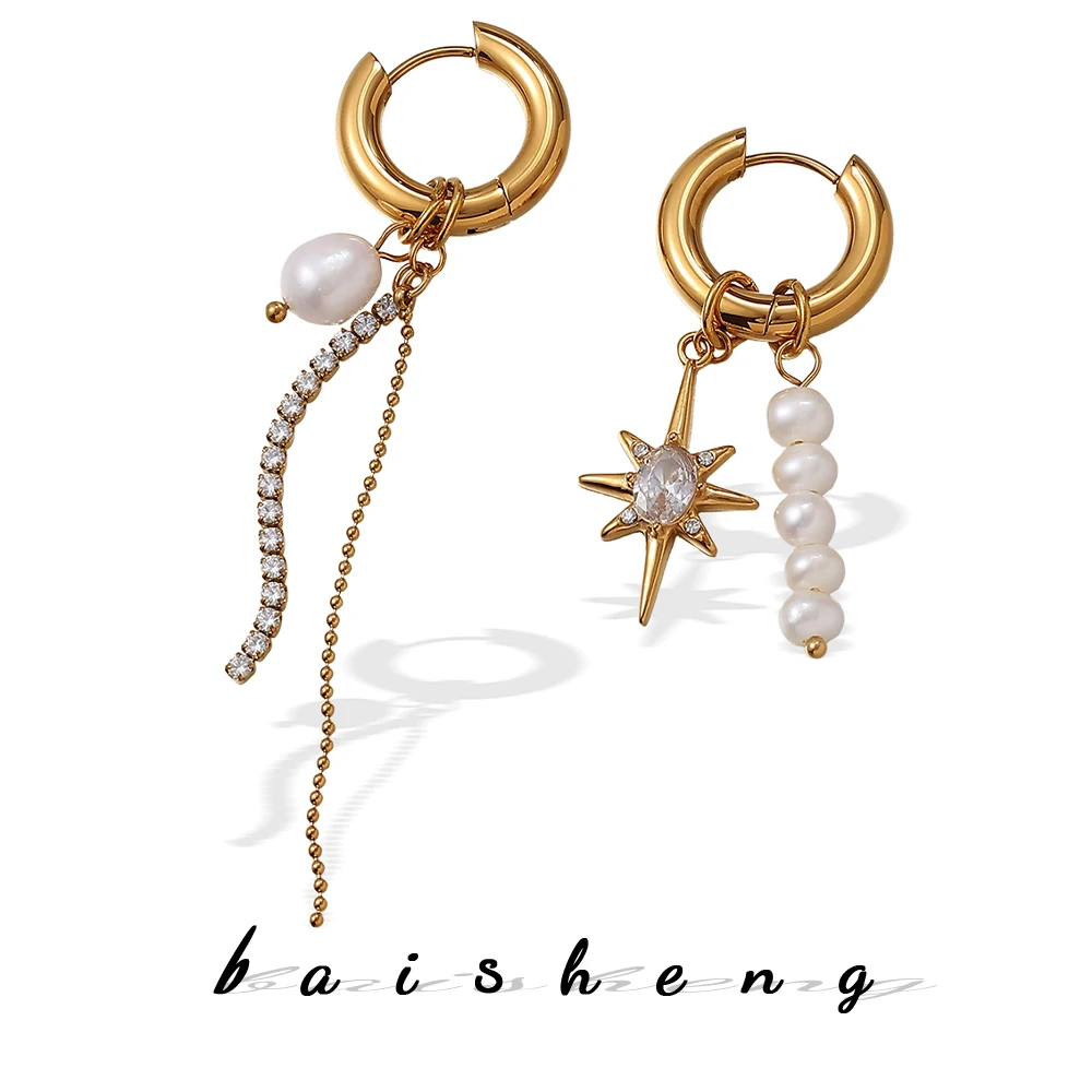 Pearl Earrings For Women Asymmetrical Freshwater Pearl Eight Pointed Star Inlaid Tassel Drop Earrings Fashion Jewelry Gift