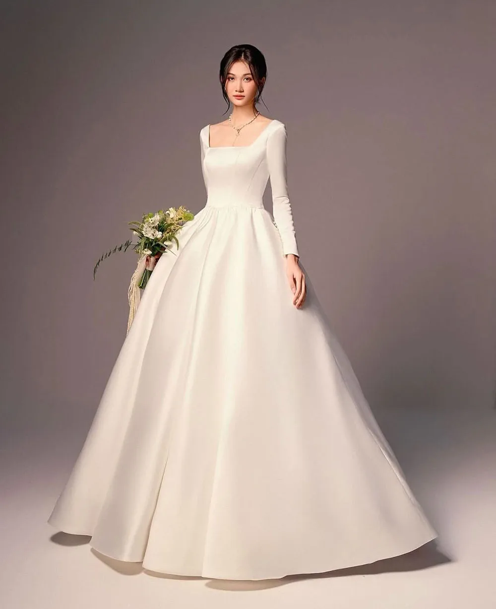 Church Wedding Dresses Women‘s Satin Civil Wedding Gown Long Sleeve Square Neck Backless A-Line Formal Bridal Dress Customized