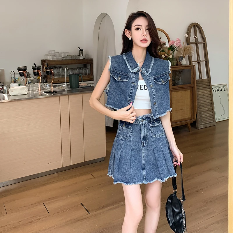 

Women Fashion Denim Vest Skirts Set 2023 Spring Autumn Female Casual Two Piece Suit