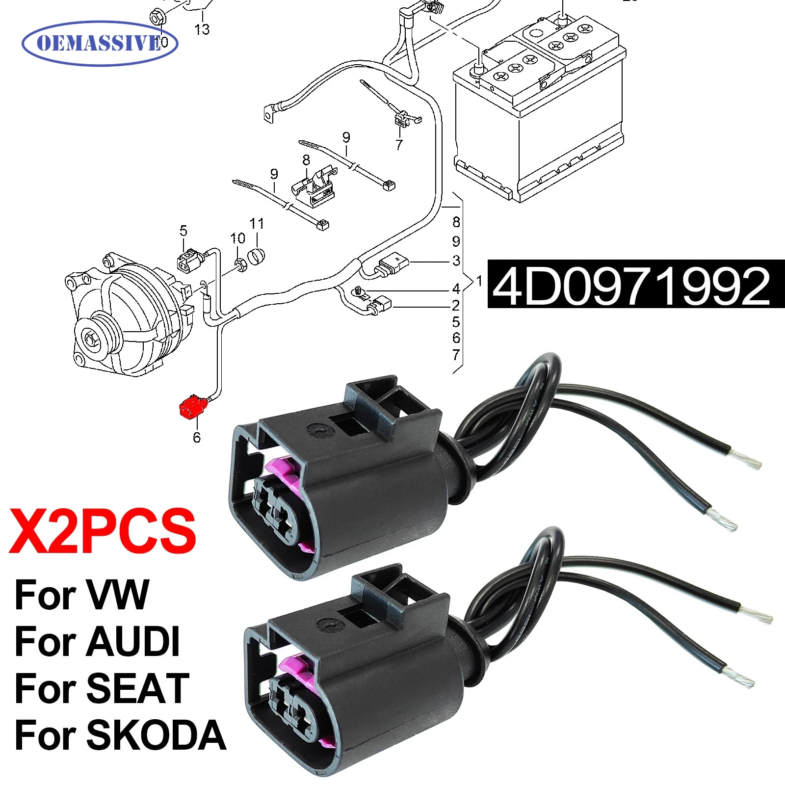 Pair For AUDI VW SKODA SEAT Alternator 2PIN Connector Sealed Female Fuel Injectors Plug Repair Kit Loom socket Wiring 4D0971992