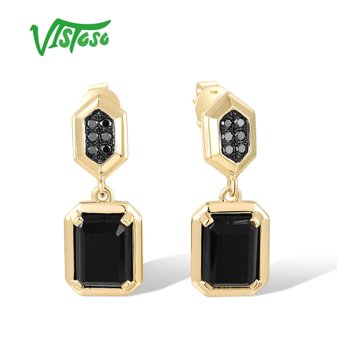 

VISTOSO Authentic 14K 585 Yellow Gold Dangling Earrings For Women Sparkling Diamonds Black Agate Rectangle Delicate Fine Jewelry