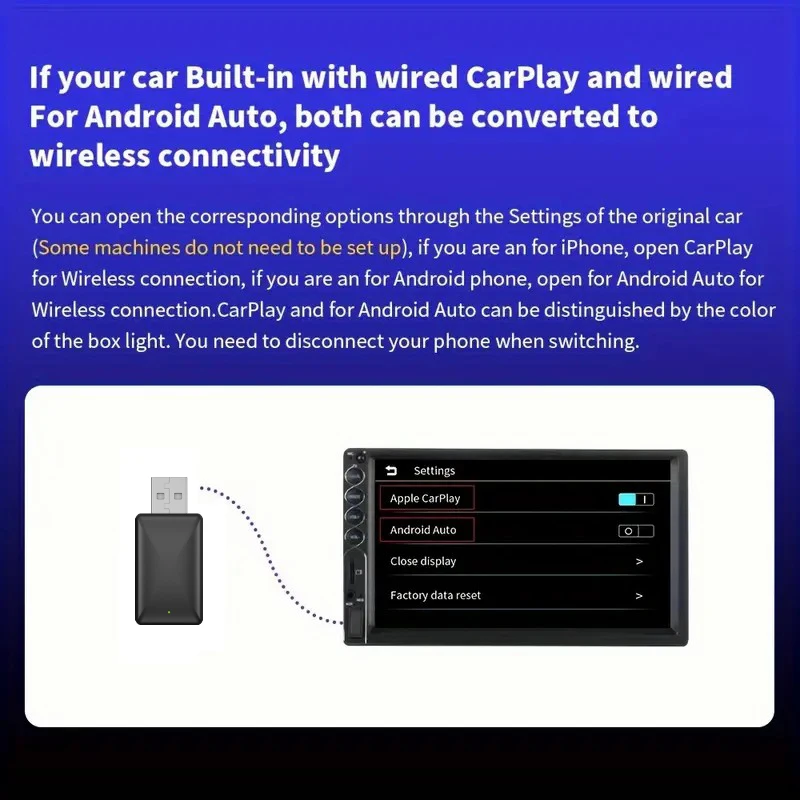 Adaptador Carplay inalámbrico USB para iPhone Android Auto 2 en 1 Carplay original con cable a inalámbrico