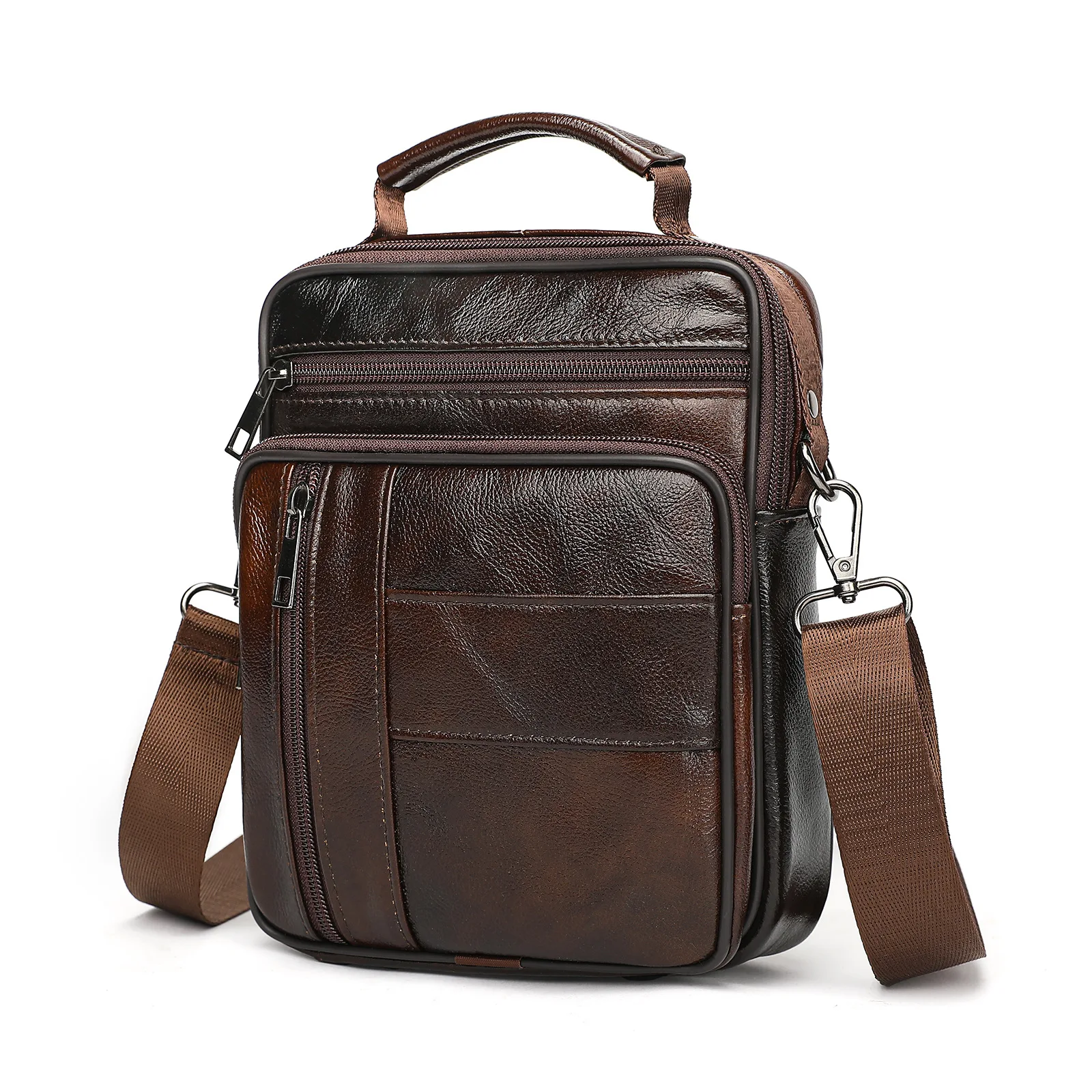 Men Genuine Leather Crossbody Bag With Multiple Zipper Pockets Top Handle Shoulder Cowhide Sling Bag Business Handbag For Daily