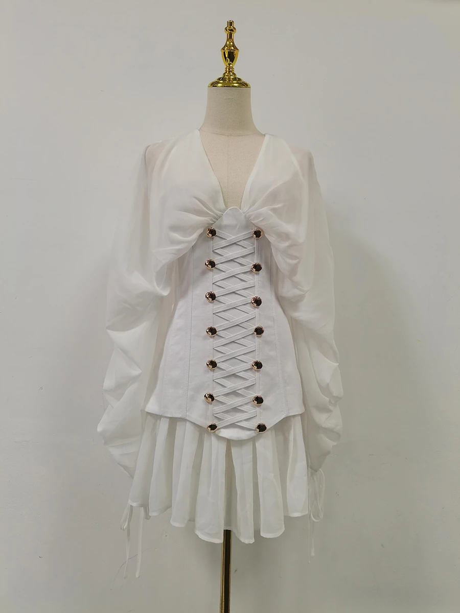 TWOTWINSTYLE Solid Afslanken Gesplitst Mesh Mini Jurk voor Vrouwen V-hals Lange Mouwen Patchwork Knoppen Jurken Vrouwelijke Mode Nieuwe