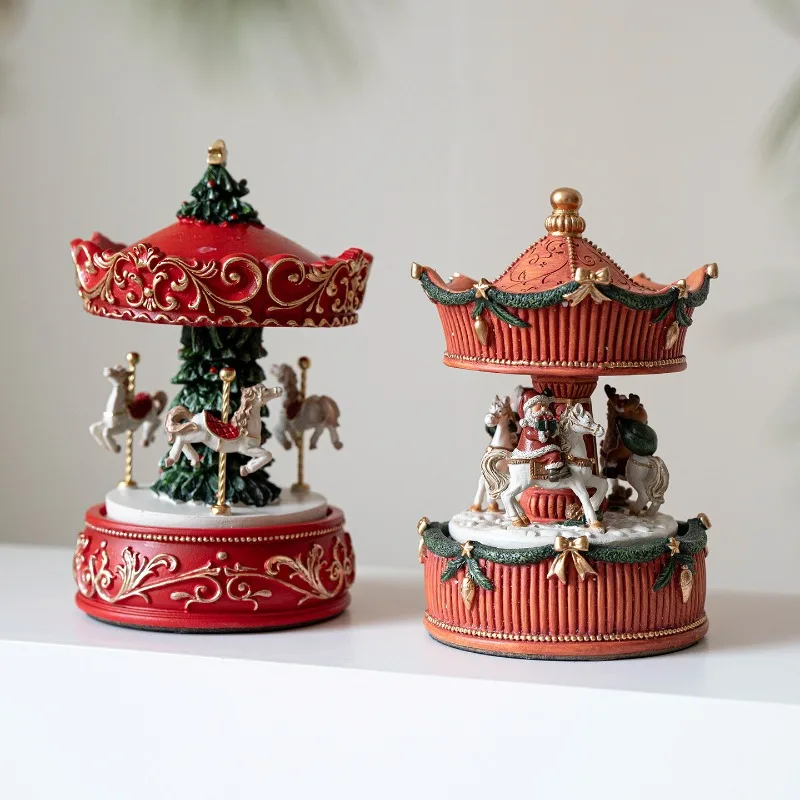 European Resin Bow Santa Train Christmas Tree Carousel Music Box