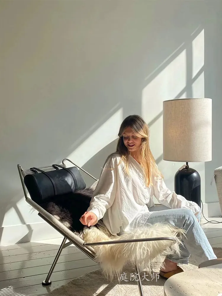 Designer flag rope chair, medieval wabi-sabi recliner, wool hand-woven seat
